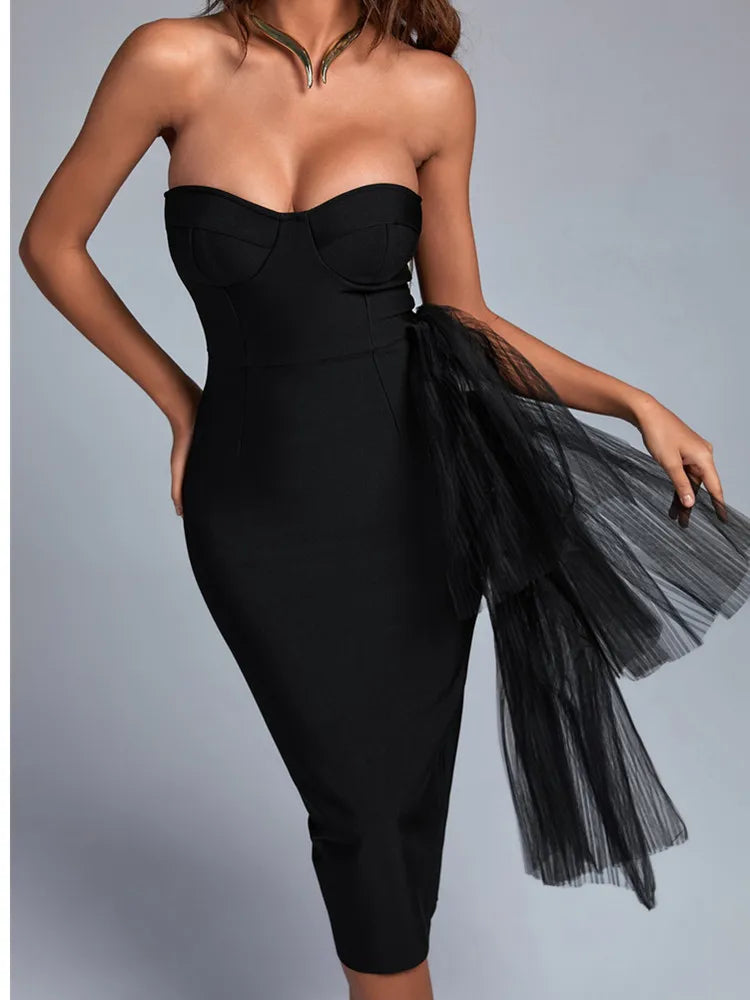 New Pink Color Women Strapless Sexy Ruffles Bodyocn Mid-Calf Dress Rayon Bandage Celebrate Birthday Party Dress Wholesale