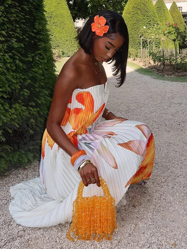 Sexy Print Tube Tops Dresses Women Fashion Sleeveless Backless Loose Pleated Long Dress Female 2025 Summer Beach Lady Robes