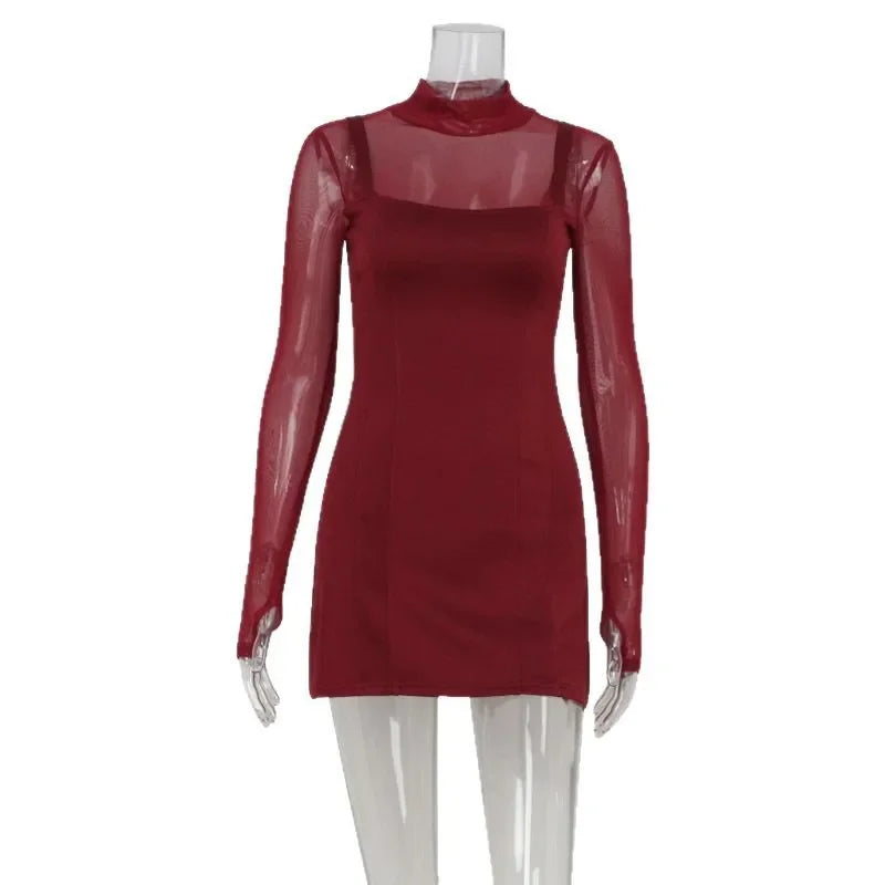 Fashionable Sexy Splice See-Through Long Sleeve round Neck A- Line Dress Mini Skirt Length Pure Color Women'S New Style Dress