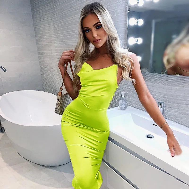 Neon Satin Lace up Women'S Long Midi Dress Light Pink Bodycon Backless Elegant Party Sexy Club Clothes 2022 Summer Dinner Outfit