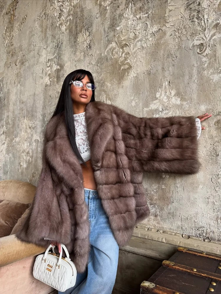 Women'S 2025 Elegant Fake Fur Jacket Fashion Winter New Sleeve Bell Lapel Long Sleeve Coat Luxury Daily High Street Lady Outwear