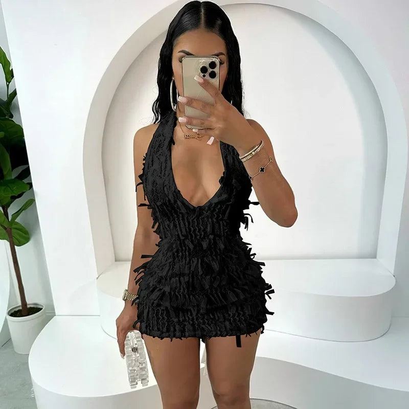 2025 Women's Elegant Halter Neck Tassel Dress in White - Y2K-Inspired Backless Bodycon Clubwear for Summer