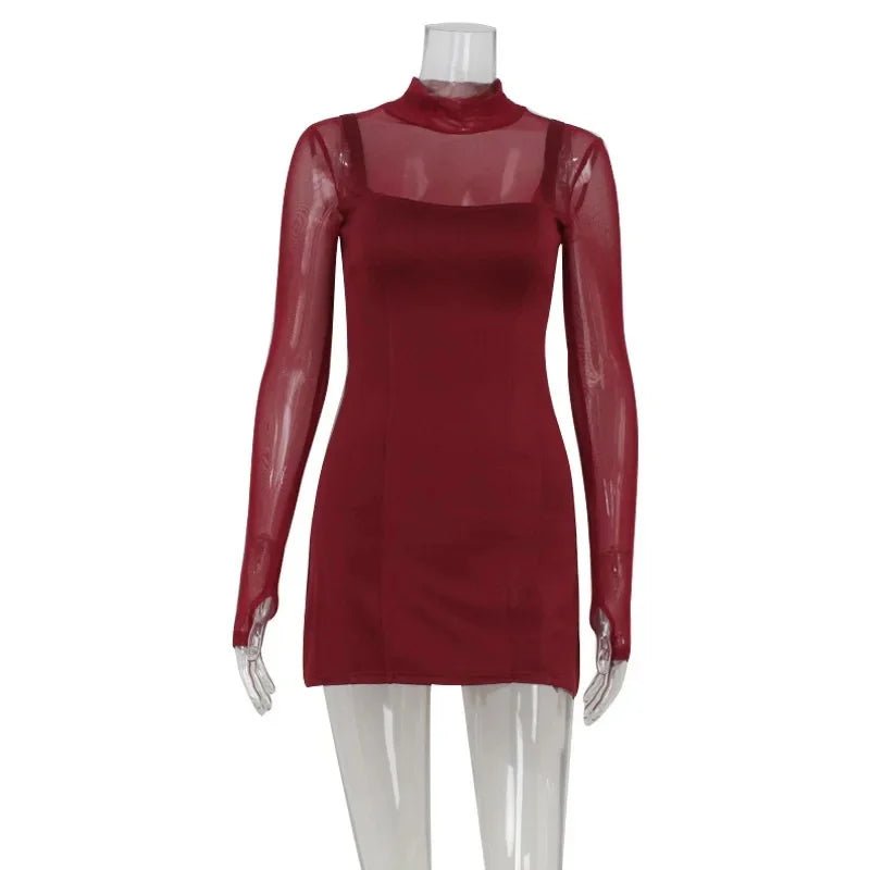 Fashionable Sexy Splice See-Through Long Sleeve round Neck A- Line Dress Mini Skirt Length Pure Color Women'S New Style Dress