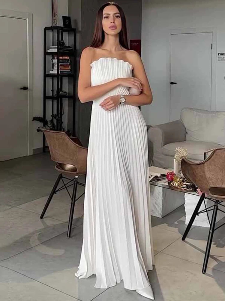 Elegant Solid Pleated off Shoulder Long Dresses for Women Chic Sleeveless Backless Female Maxi Dress Summer New Beach Party Robe