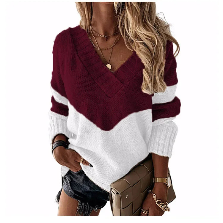 Women'S Sweater Autumn Fashion Colorblock Long Sleeve V Neck Casual Daily Pullover Loose New Knit Sweater Womens Clothing
