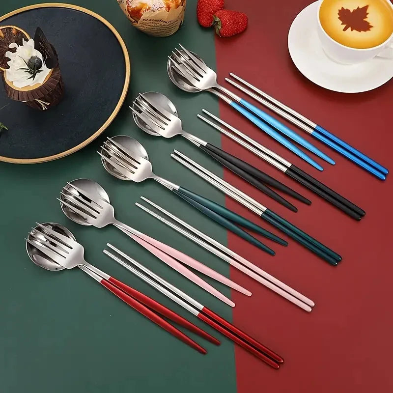 3Pcs Thin Portuguese Portable Stainless Steel Cutlery Chopsticks, Forks, Spoons, Student Home Outdoor Picnic Tableware