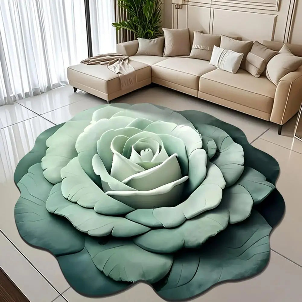 "Floral Plush Floor Mat - Non-Slip Absorbent Rug with Realistic 3D Flower Pattern - Ideal for Kitchen, Bathroom, Living Room." Let me know if you would like me to help with anything else.