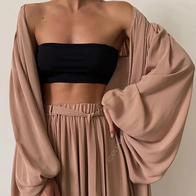 Sexy Solid Color Three-Piece Set 2025 Autumn Women Tube Top Beach Dress Crop Top Trousers Long Sleeve Cardigan 3 Piece Set A1642
