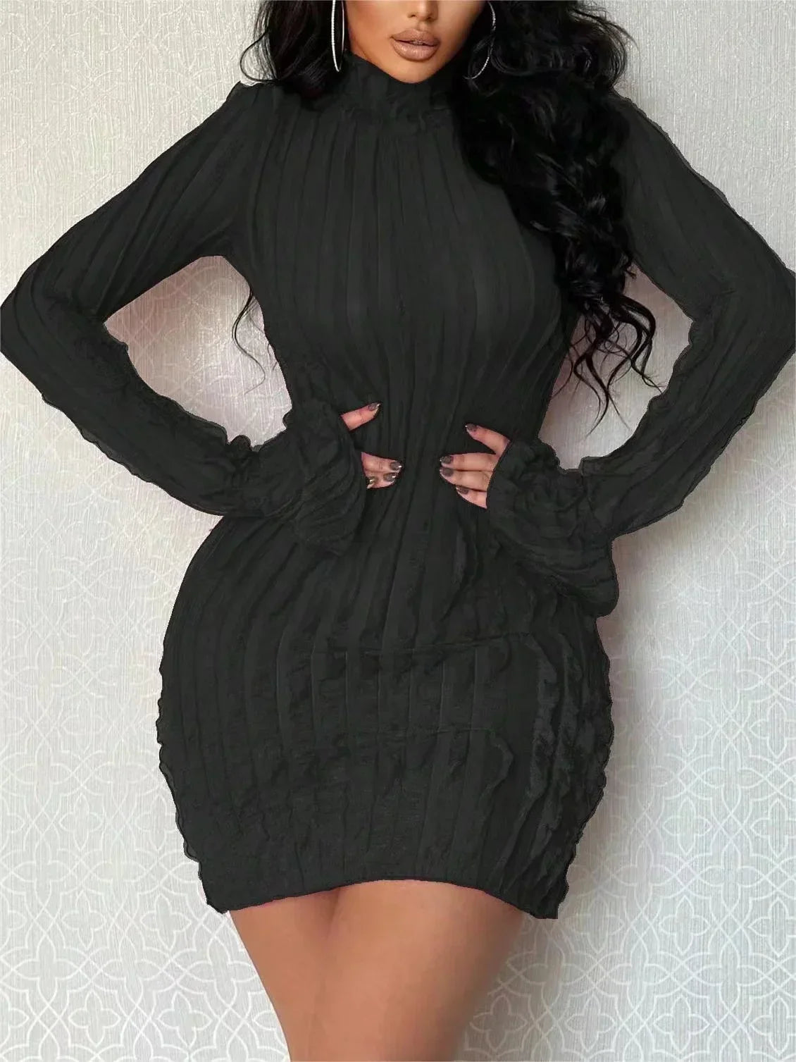 2024 Women's High Neck Pleated Slim Dress - Long Sleeve Office Wrap Dress for Spring, Fashionable Mini Dress for Club and Party