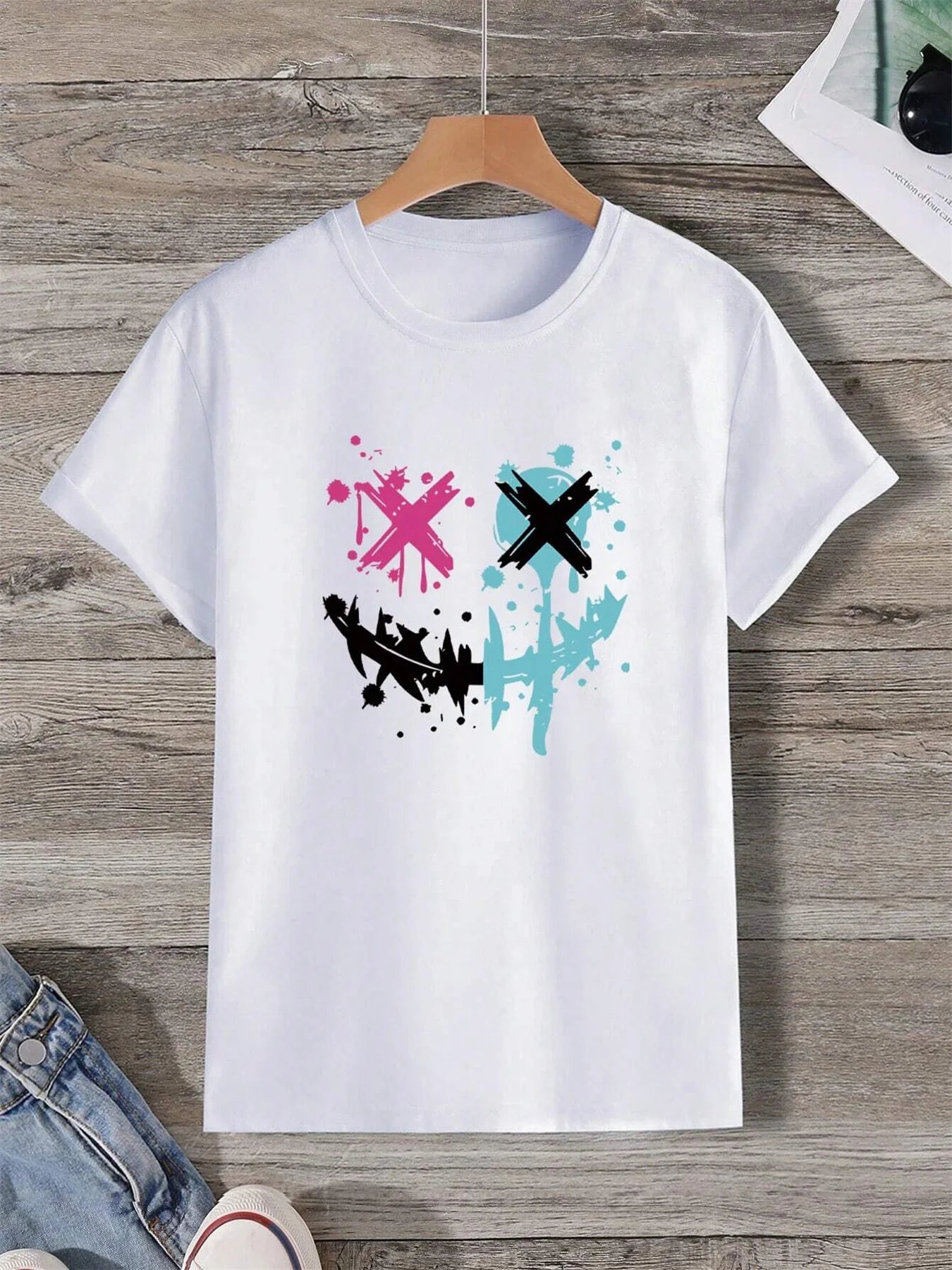 Summer Men'S 100% Pure Cotton Casual Loose Size Smiley Face Pattern Printed Sports Comfortable round Neck Short Sleeved T-Shirt