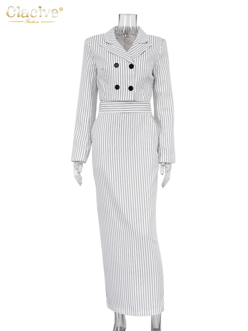 Sophisticated Women's Long Sleeve Crop Top with High Waist Striped Skirt Ensemble