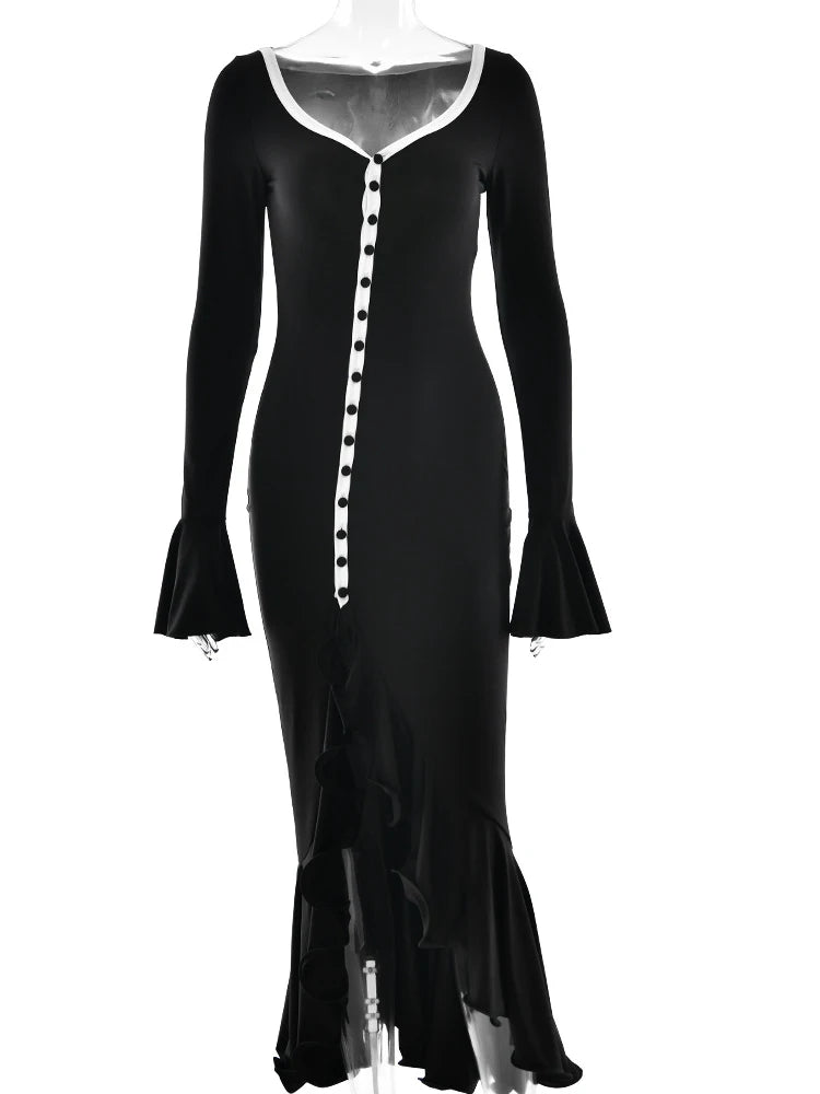 Sexy Deep V-Neck High Slit Ruffle Women Dress Pink Flare Sleeve Single Breasted Dress Autumn Slim Party Evening Dress