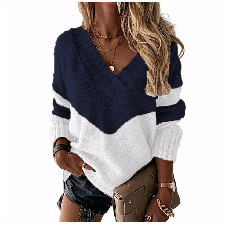 Women'S Sweater Autumn Fashion Colorblock Long Sleeve V Neck Casual Daily Pullover Loose New Knit Sweater Womens Clothing