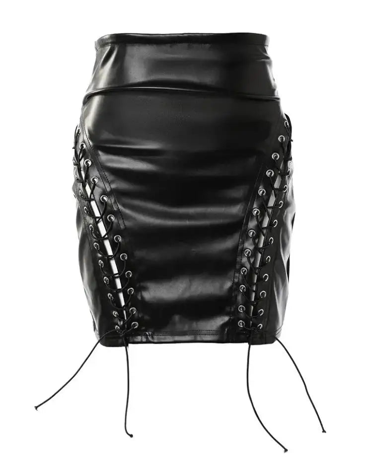 Women'S Sexy Leather Skirt 2024 Summer New High Waist Pu Leather Mesh Lace up Short Skirt Tight Wrap Hip Half Mini Short Skirt