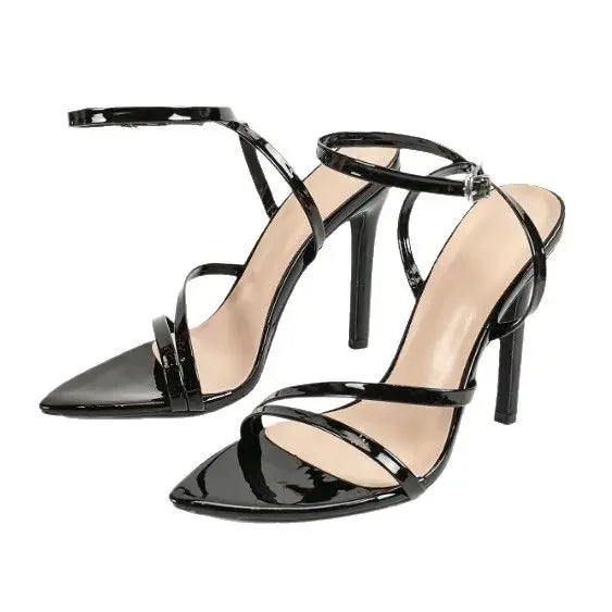 Fashionable Party High Heels Women'S Pointed Toe Patent Leather Cross Ankle Strap Sandals Rubber Sole Square Head Shape