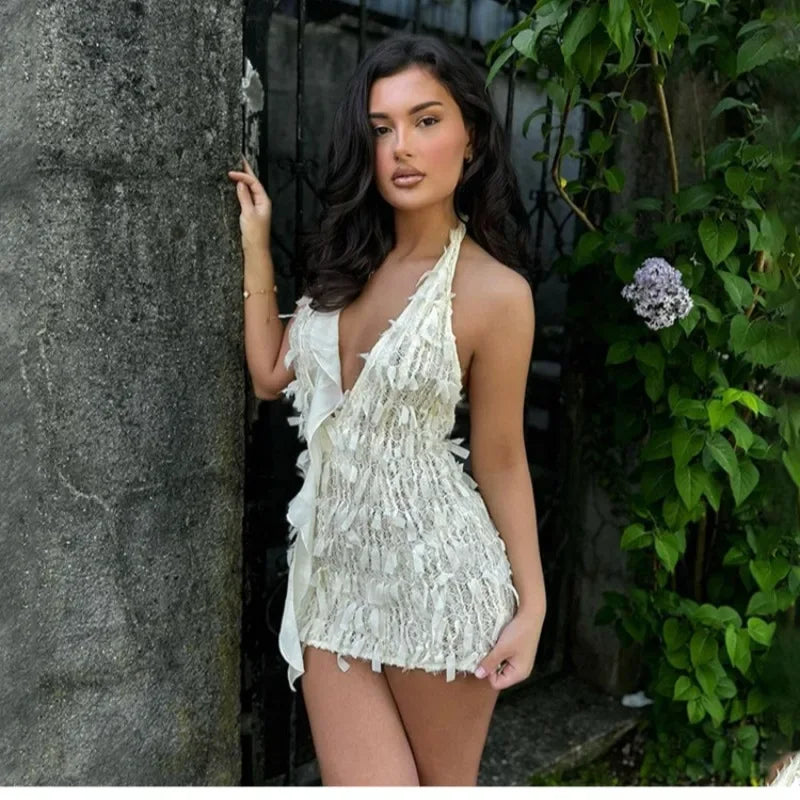 2025 Women's Elegant Halter Neck Tassel Dress in White - Y2K-Inspired Backless Bodycon Clubwear for Summer