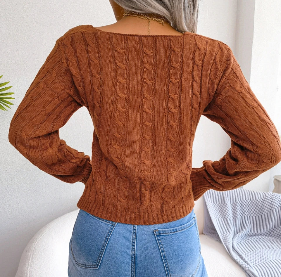 Sexy Knitting Sweater Cross V-Neck Fried Dough Twists Long Sleeve Open Navel Sweater New Fashion Women'S Slim Pullover Top