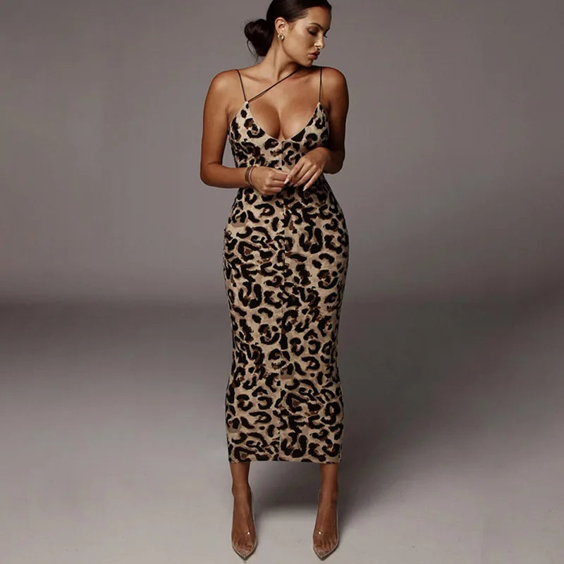 Sophisticated Leopard Print Sleeveless Dress for Women - High Waist Spaghetti Strap Evening Wear