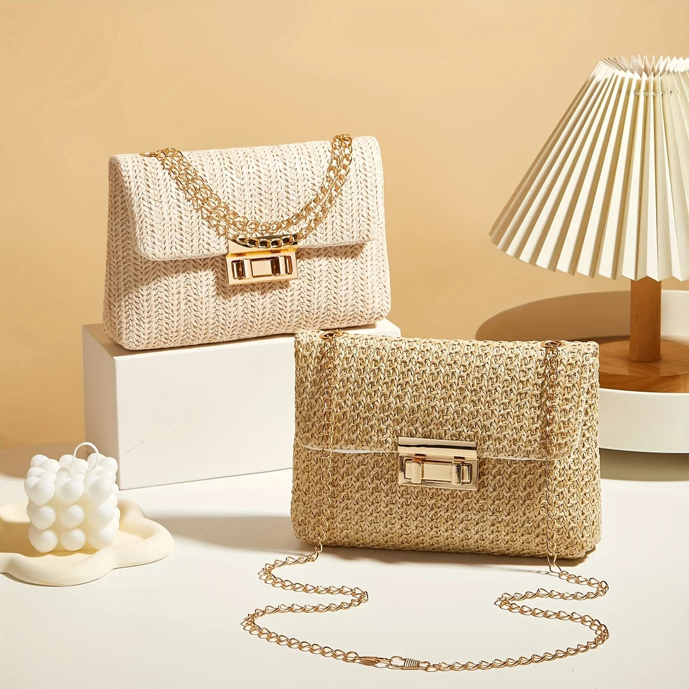 Handcrafted Woven Straw Women's Shoulder Bag, Solid Color Crossbody Purse with Lock Closure