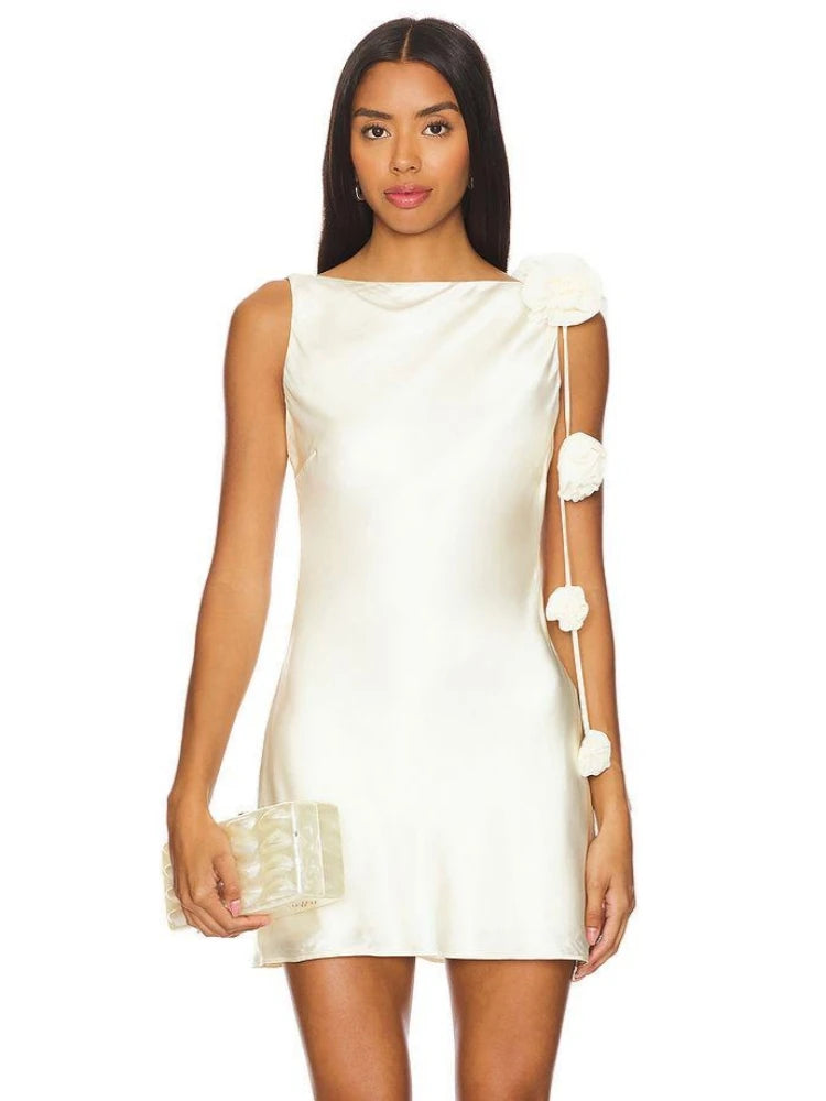 Sexy Sleeveless Flower Draped Design Mini Dress Women Red White Backless Floral Slim Dresses Elegant Evening Club Party Cocktail