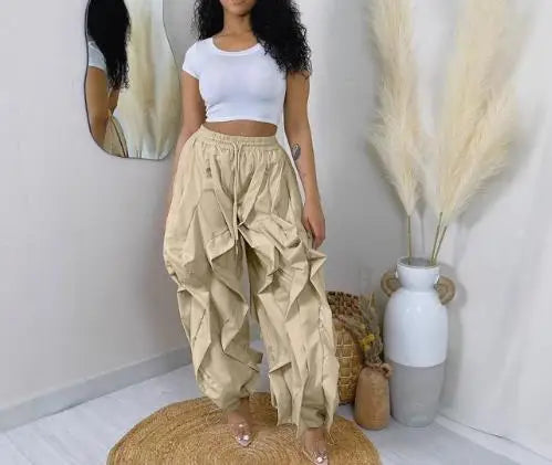 Elegant Women's Cargo Pants with Patchwork Lace and Pleated Waistband, Trendy Drawstring Design for Commuting