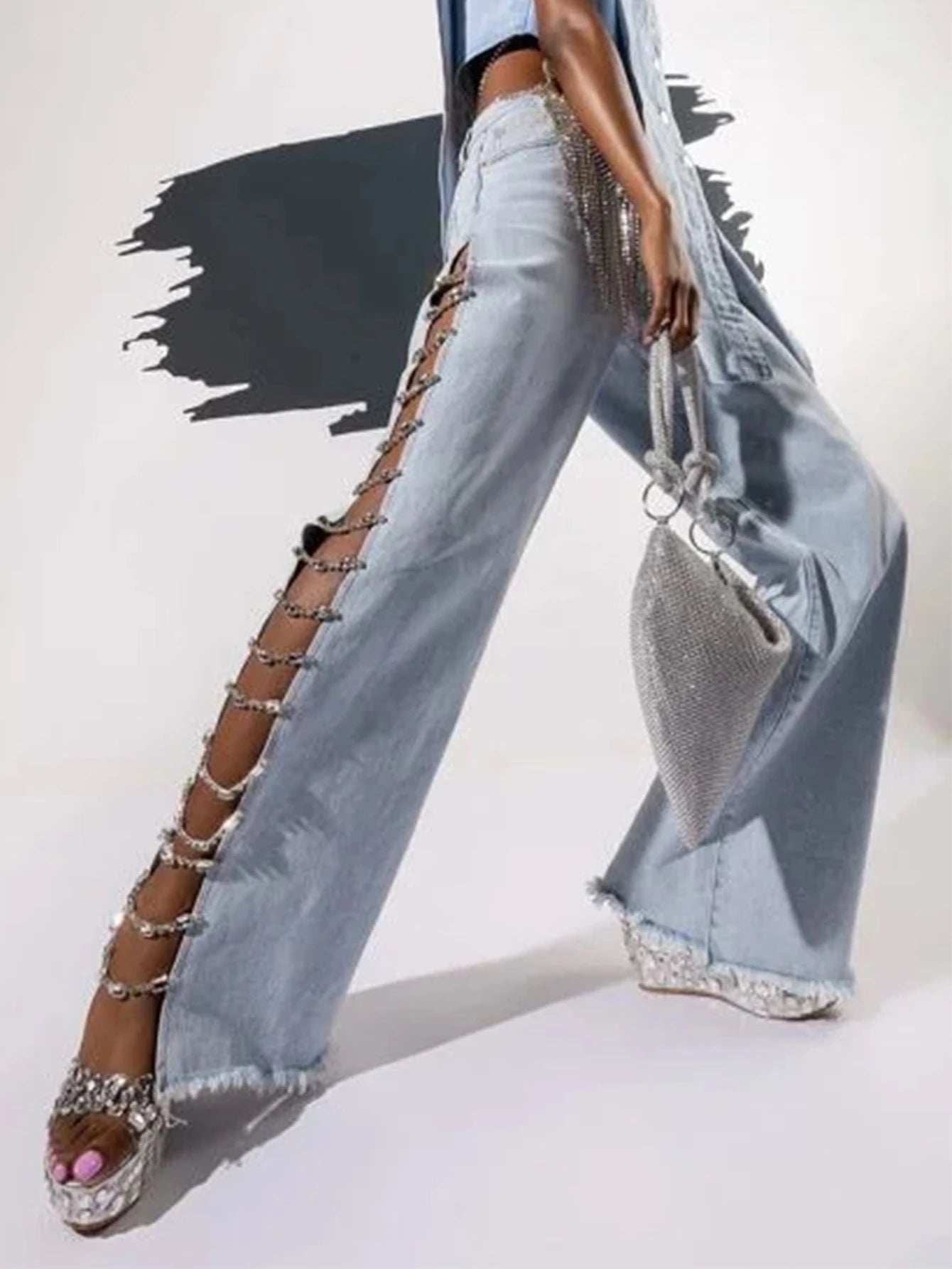 Sexy Hole Rhinestone Denim Pants Women Fashion Baggy Pants Hotwife Streetwear High Waist Wide Leg Jeans Woman Clothing Trousers