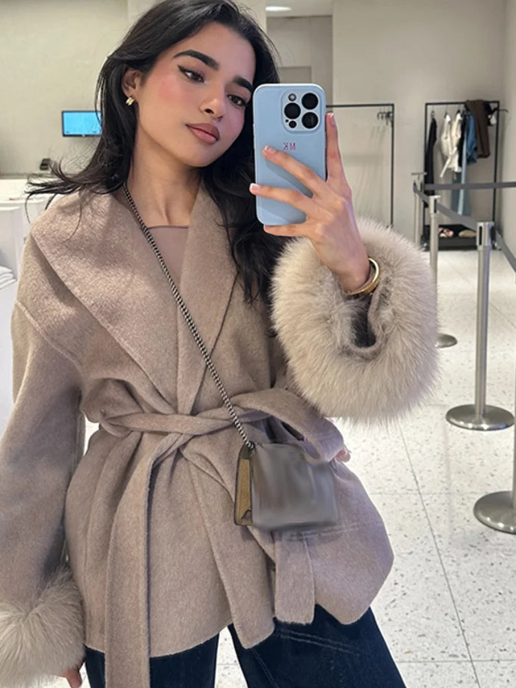 Elegant Lapel Woolen Jacket with Belt Women 2025 Autumn Wool Blend Faux Fur Cuffed Sleeve Coats Fashion Lady Lace up Outerwear
