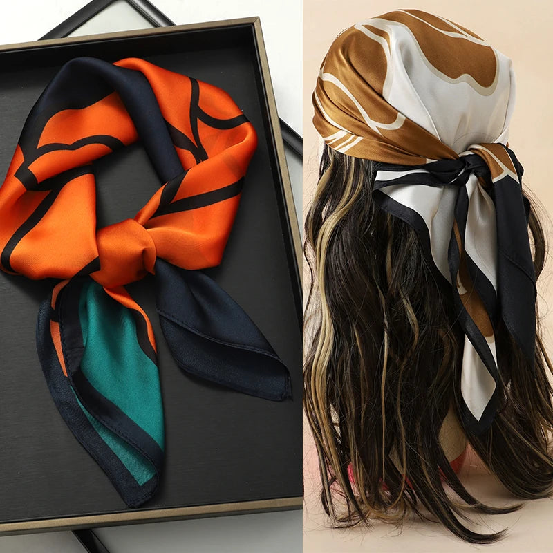 Luxury Brand 2023 Silk Square Scarf Women Cat Neck Hair Tie Band Beach Hijab Kerchief Head Headbands Bandana Female Foulard 70Cm