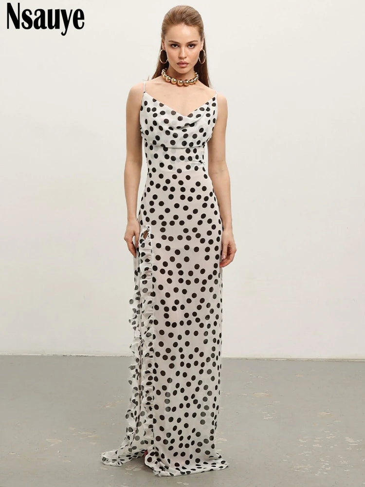 Sophisticated Women's Evening Dress with Ruffles and Polka Dot Floral Print for Summer 2025 Party and Beach Events
