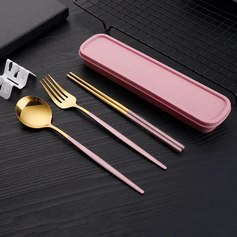 3Pcs Thin Portuguese Portable Stainless Steel Cutlery Chopsticks, Forks, Spoons, Student Home Outdoor Picnic Tableware