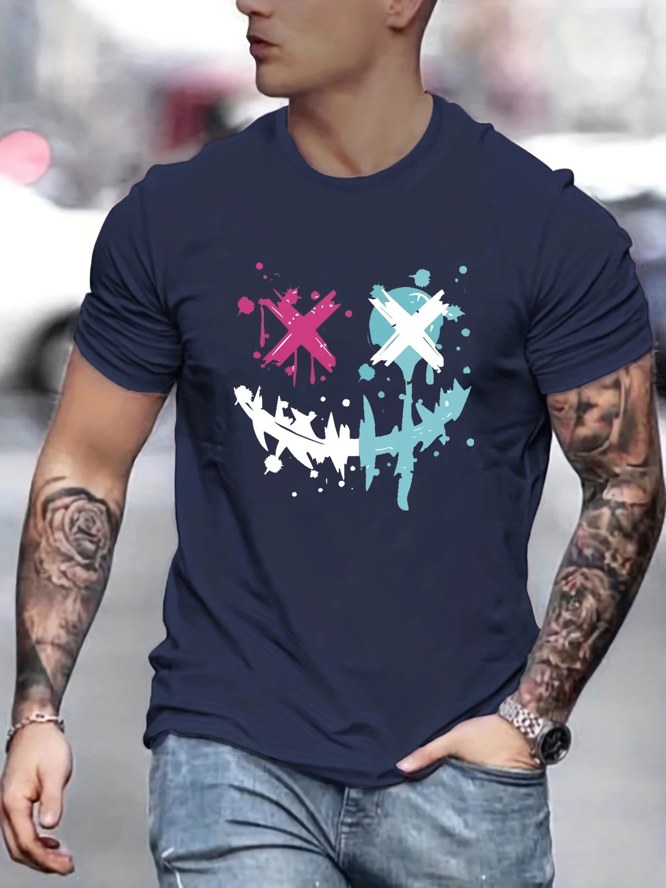 Summer Men'S 100% Pure Cotton Casual Loose Size Smiley Face Pattern Printed Sports Comfortable round Neck Short Sleeved T-Shirt