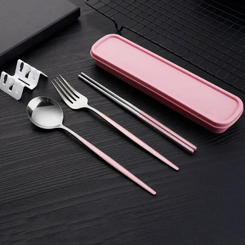 3Pcs Thin Portuguese Portable Stainless Steel Cutlery Chopsticks, Forks, Spoons, Student Home Outdoor Picnic Tableware