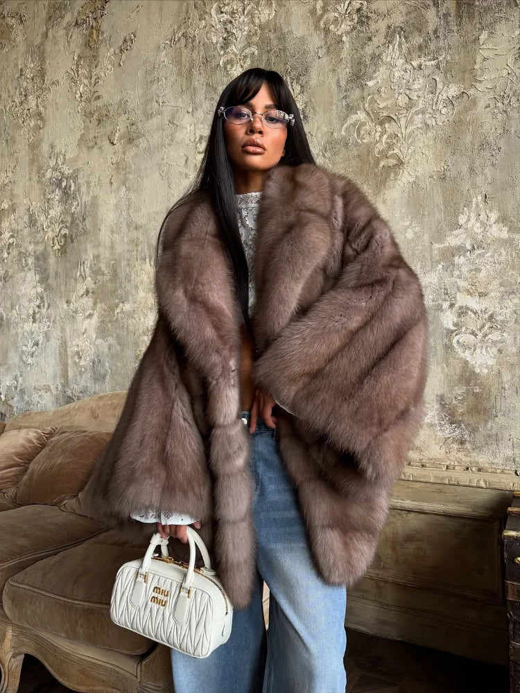 Women'S 2025 Elegant Fake Fur Jacket Fashion Winter New Sleeve Bell Lapel Long Sleeve Coat Luxury Daily High Street Lady Outwear