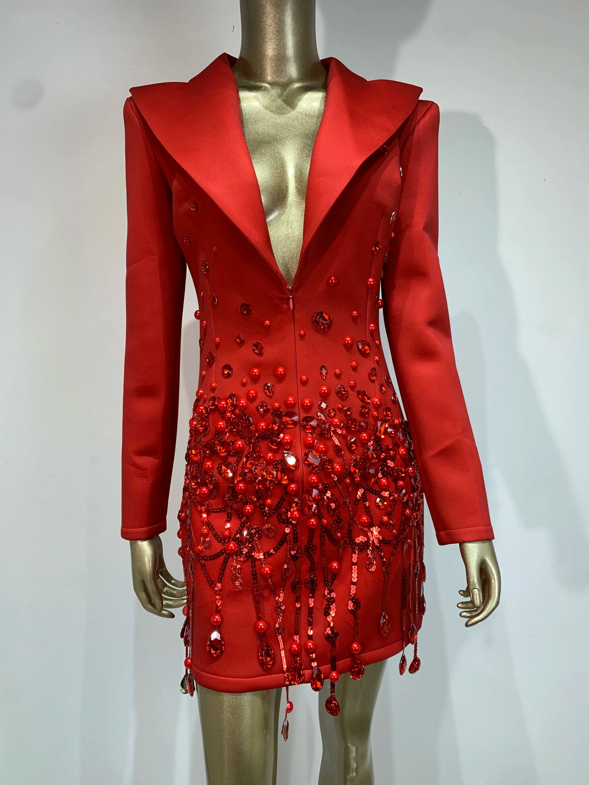 2025 New Sparkly Crystal Pearls Mini Dress Luxury Red Fashion Birthday Evening Party Nightclub Outfit Singer Stage Costume ﻿