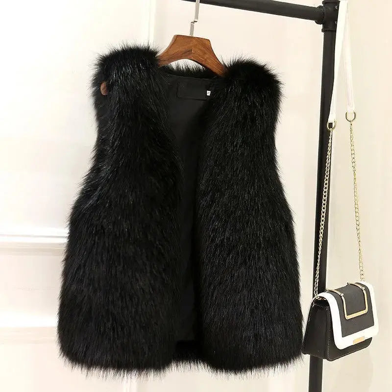 2025 Women'S Thickened Warm Fox Fur Vest Spring Autumn Outerwear Cotton Lined Versatile Slimming Faux Fur Backless Tank Top