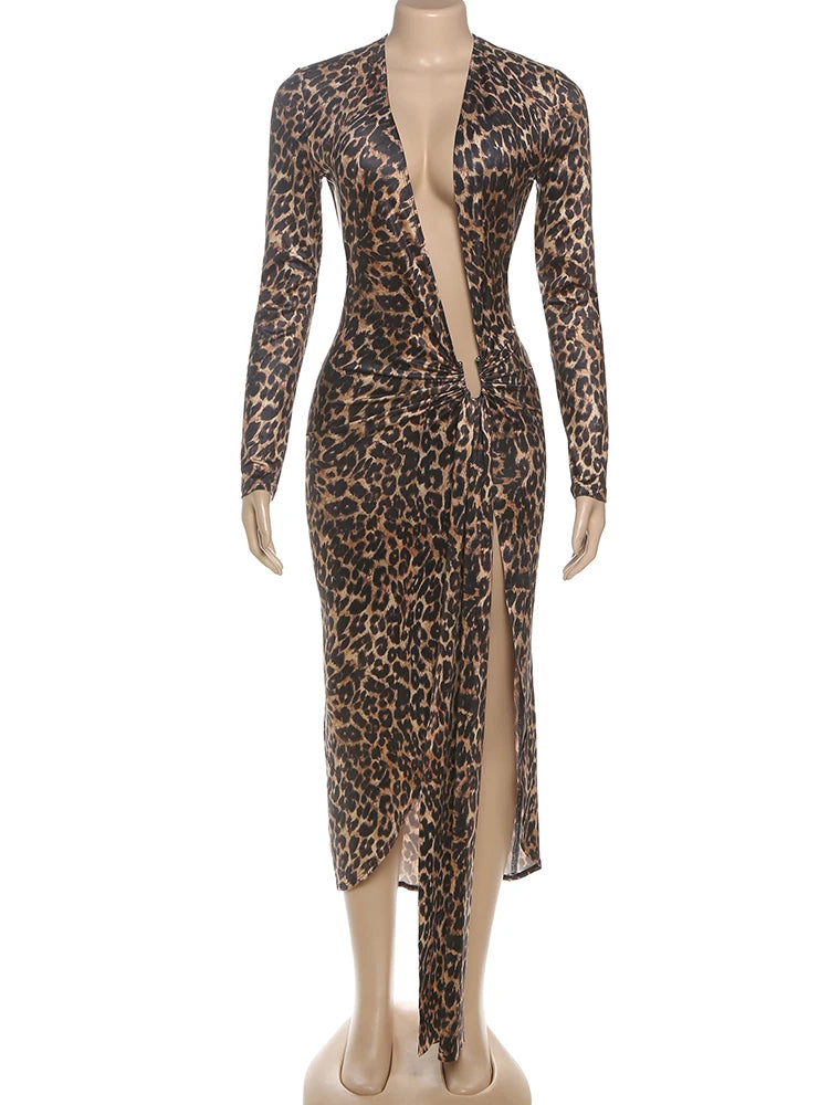 Leopard Print Women Dress Y2K Sexy Deep V-Neck Ruched Ribbon Skinny High Split Nightclub Party Fall Hipster Vestidos