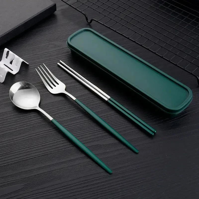 3Pcs Thin Portuguese Portable Stainless Steel Cutlery Chopsticks, Forks, Spoons, Student Home Outdoor Picnic Tableware