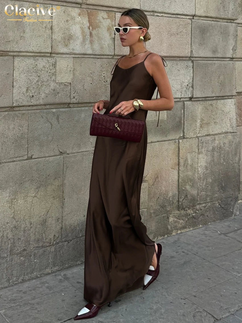 Elegant Brown Satin Maxi Dress for Women with Sleeveless Straps and Backless Design - Summer 2025 Collection