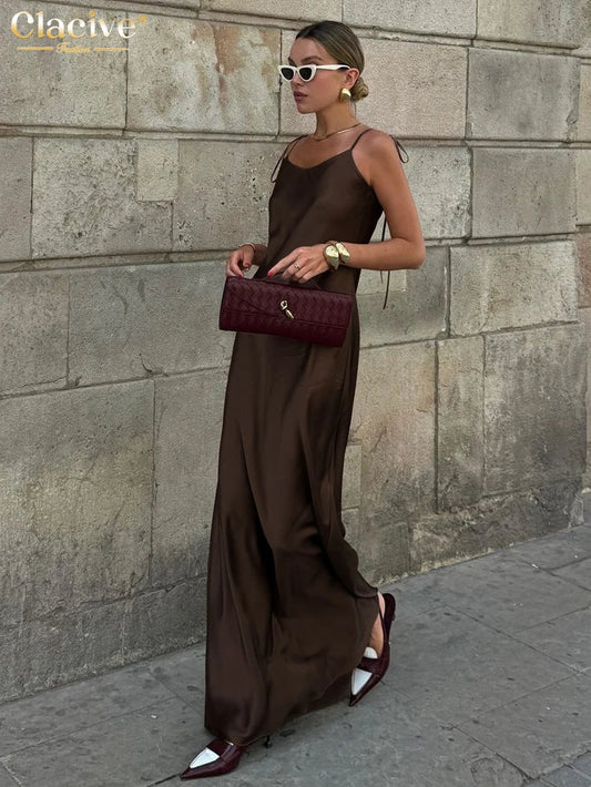 Elegant Brown Satin Maxi Dress for Women with Sleeveless Straps and Backless Design - Summer 2025 Collection