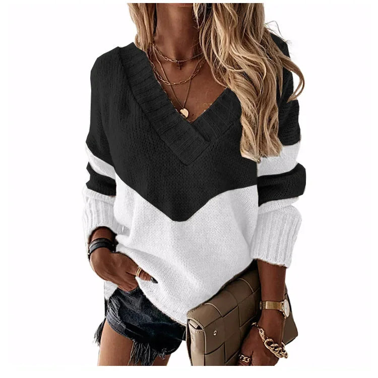 Women'S Sweater Autumn Fashion Colorblock Long Sleeve V Neck Casual Daily Pullover Loose New Knit Sweater Womens Clothing
