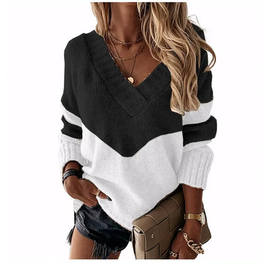 Women'S Sweater Autumn Fashion Colorblock Long Sleeve V Neck Casual Daily Pullover Loose New Knit Sweater Womens Clothing