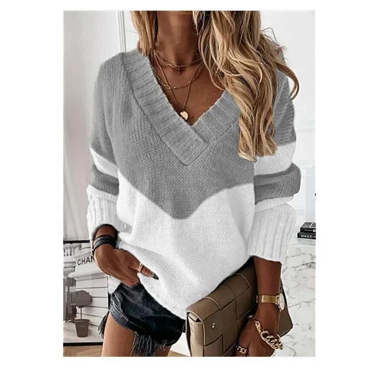 Women'S Sweater Autumn Fashion Colorblock Long Sleeve V Neck Casual Daily Pullover Loose New Knit Sweater Womens Clothing