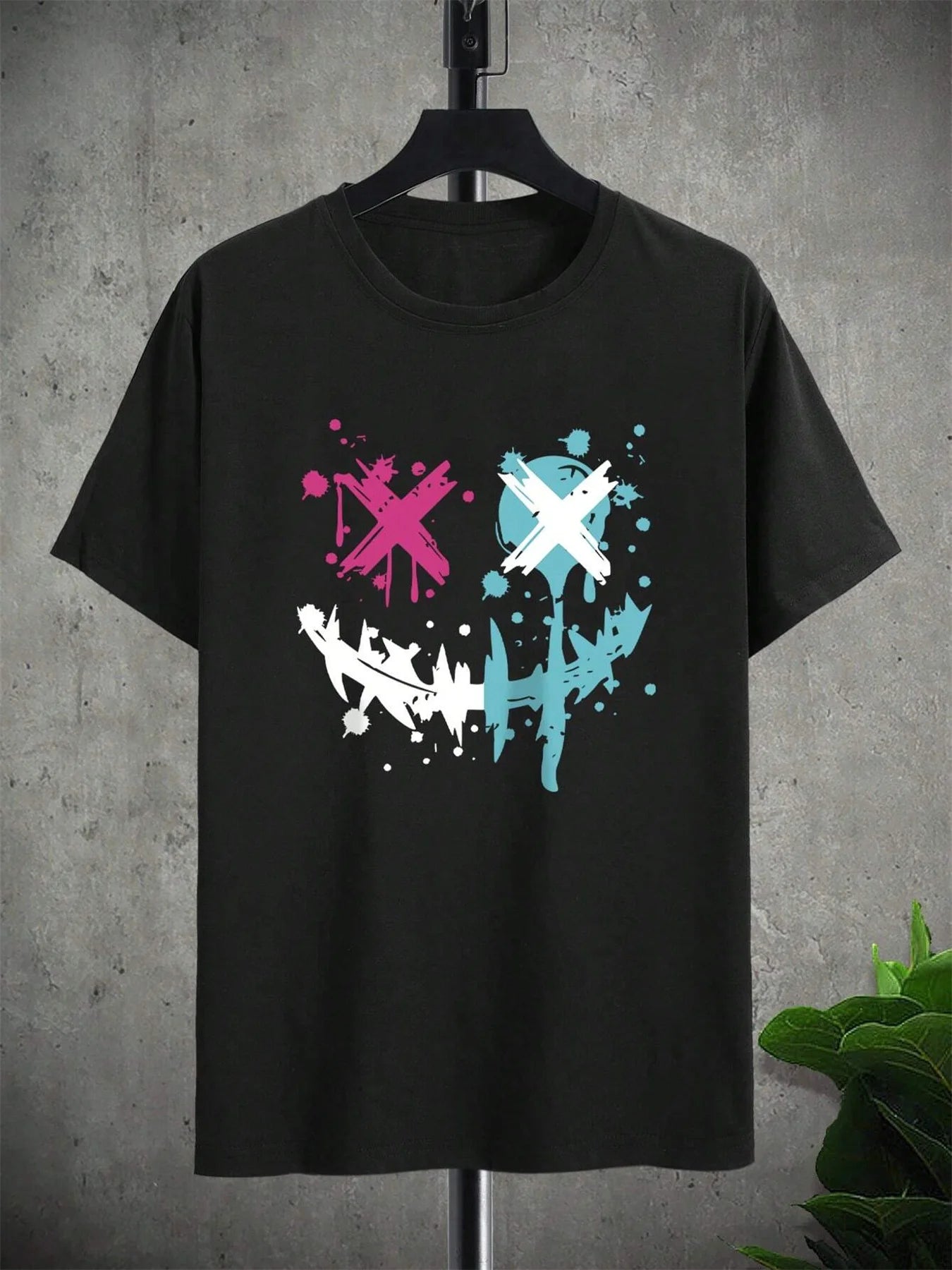 Summer Men'S 100% Pure Cotton Casual Loose Size Smiley Face Pattern Printed Sports Comfortable round Neck Short Sleeved T-Shirt