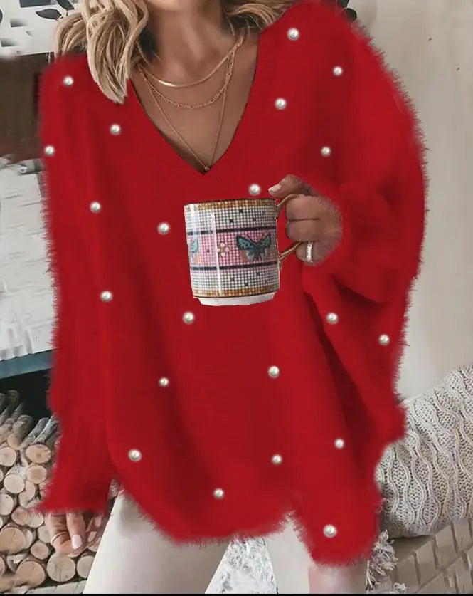 Korean Style Lazy Women'S Sweater 2024 Autumn Ribbed Knitted Pullover V-Neck Pearl Long Sleeved Fluffy Top Women'S Loose Sweater