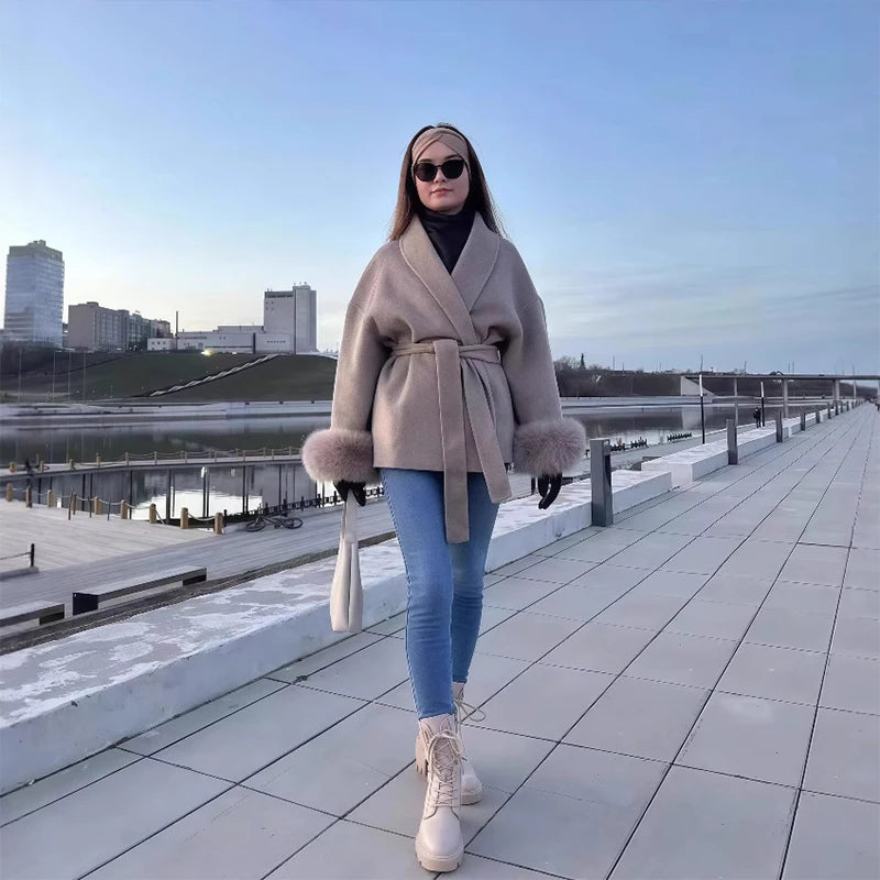 Elegant Lapel Woolen Jacket with Belt Women 2025 Autumn Wool Blend Faux Fur Cuffed Sleeve Coats Fashion Lady Lace up Outerwear