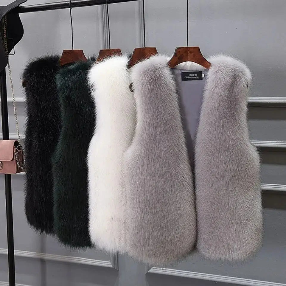 2025 Women'S Thickened Warm Fox Fur Vest Spring Autumn Outerwear Cotton Lined Versatile Slimming Faux Fur Backless Tank Top