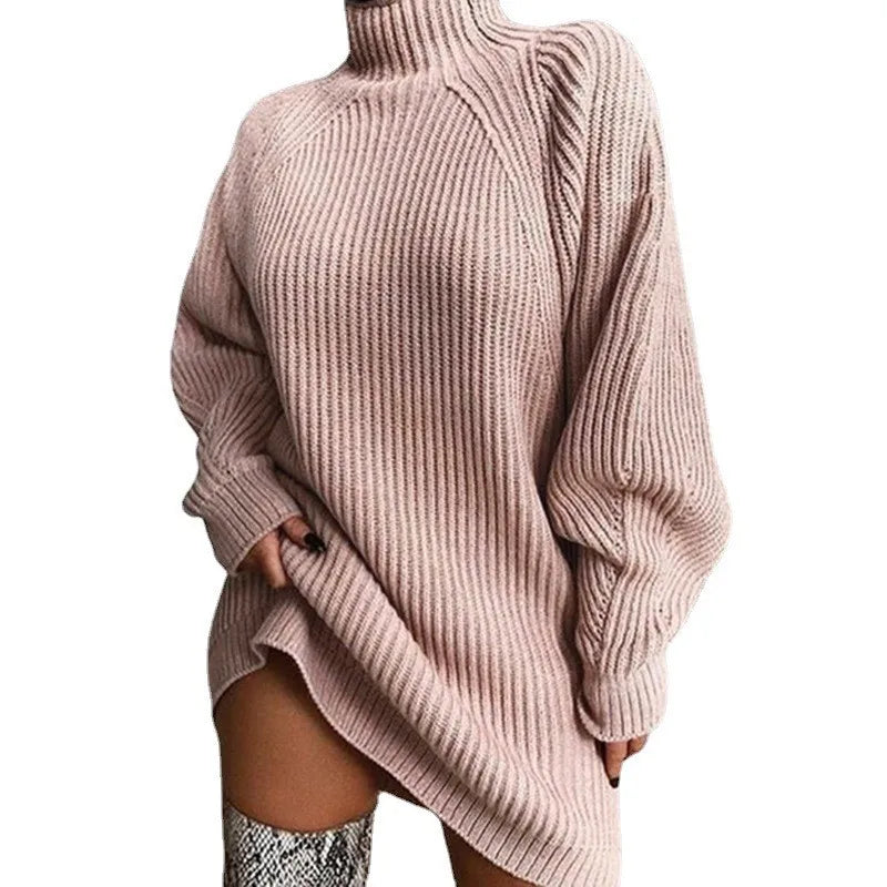 Women Turtleneck Sweater Dress Autumn Solid Long Sleeve Casual Elegant Mini Oversized Knitted Dress Winter Clothes