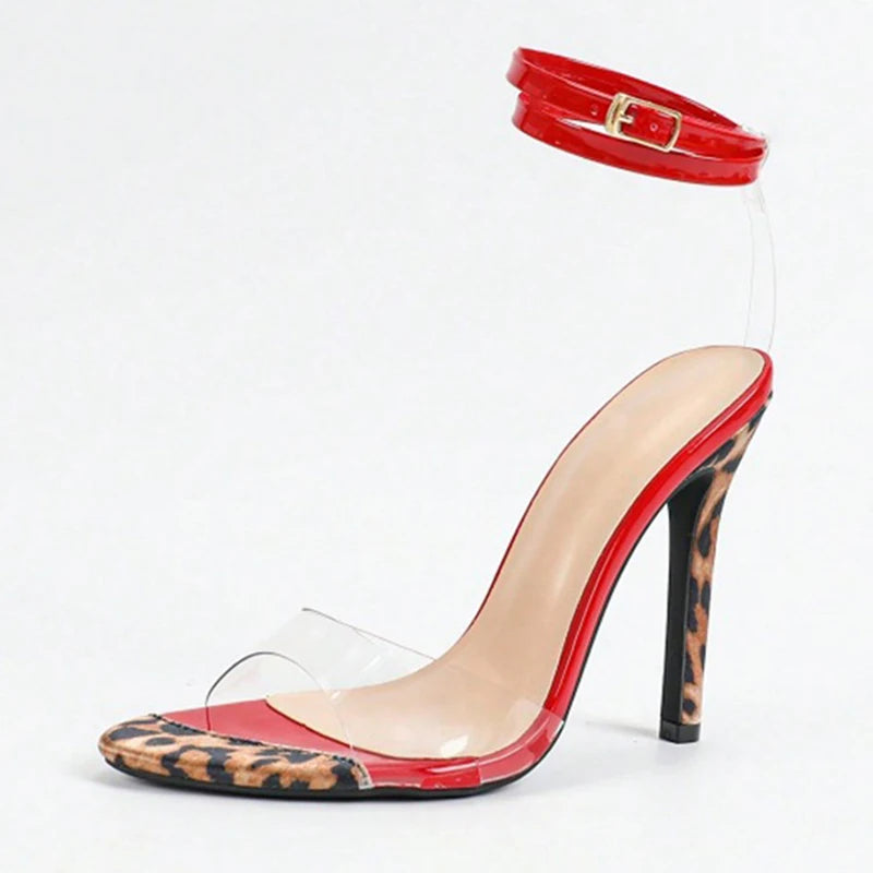 Sexy Leopard Print High Heels Transparent Sandal Fashion Red Patent Leather Ankle Strap Women Party Stripper Shoes Size 43
