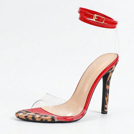 Sexy Leopard Print High Heels Transparent Sandal Fashion Red Patent Leather Ankle Strap Women Party Stripper Shoes Size 43