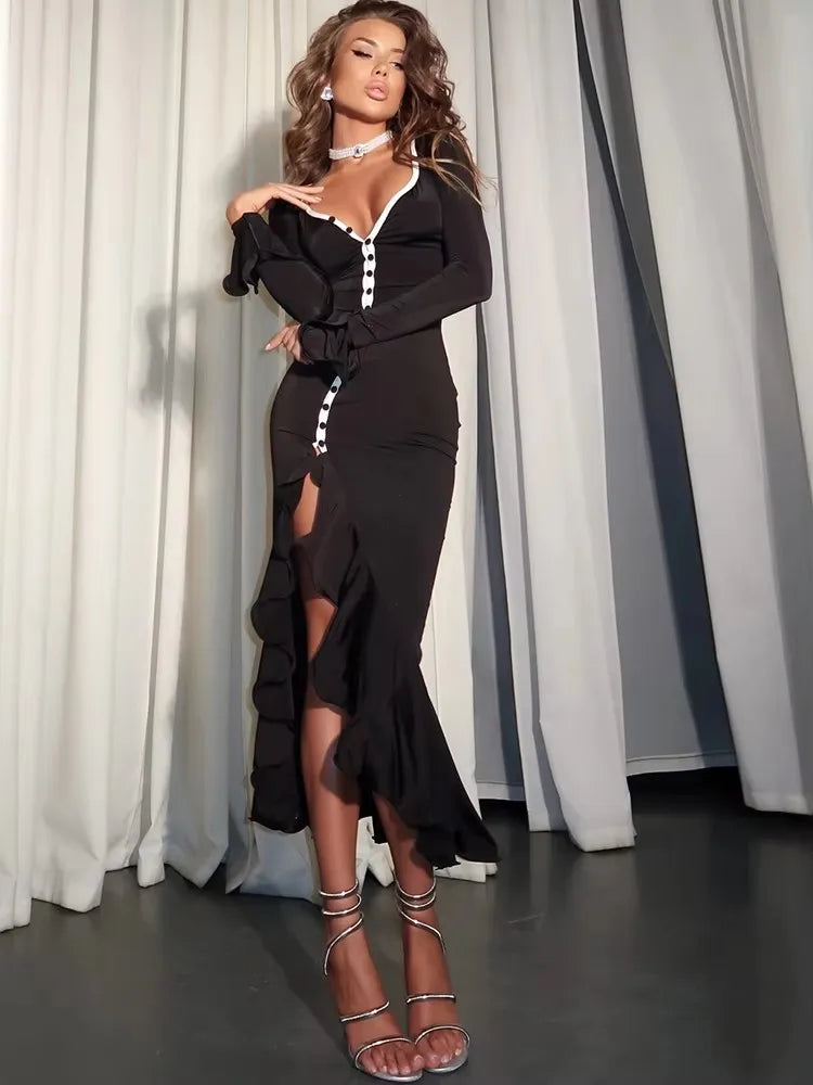 Sexy Deep V-Neck High Slit Ruffle Women Dress Pink Flare Sleeve Single Breasted Dress Autumn Slim Party Evening Dress